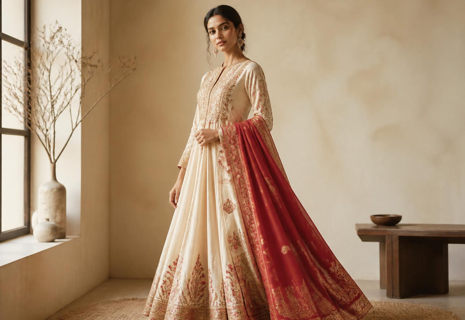 Model wearing an ivory and madder-red hand-detailed anarkali suit